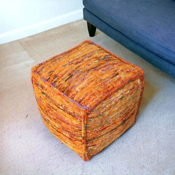 18" Orange Recycled Silk and Cotton Blend Cube Pouf Ottoman