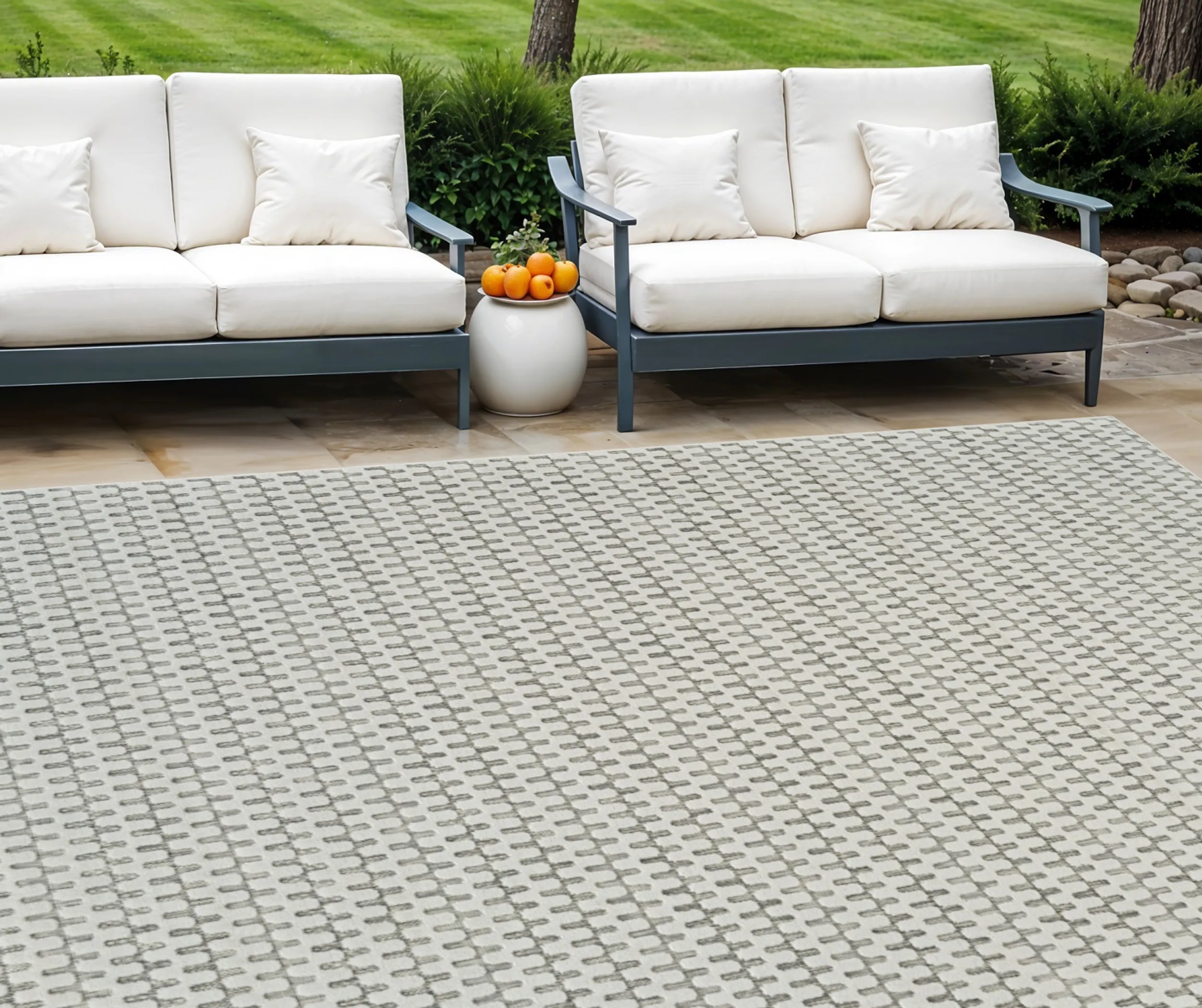 6' X 9' Cream and Beige Geometric Distressed Indoor Outdoor Area Rug