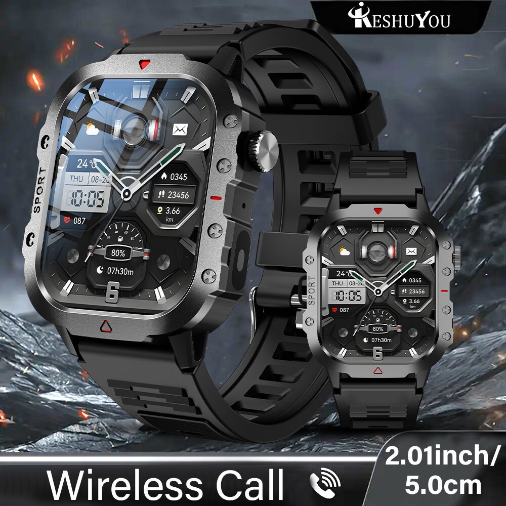 keshuyou outdoor sports smart watch 2.01 inch hd screen led flashlight bluetooth talking smart watch for men women holiday gifts