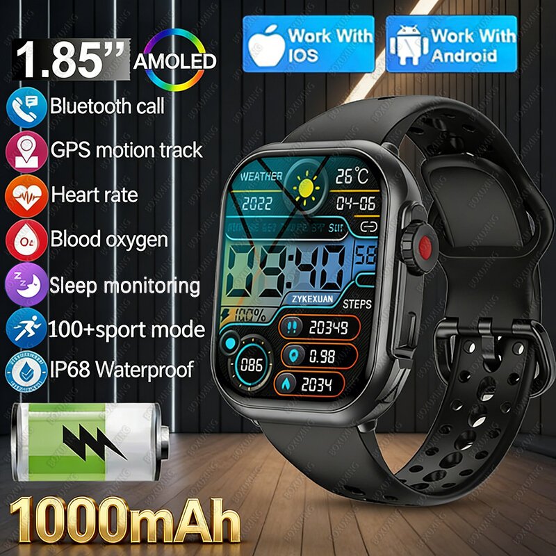 2026 new 1000 mah smart watch men women 1.85“hd amoled gps track full touch screen ip68 waterproof bluetooth call smartwatch man