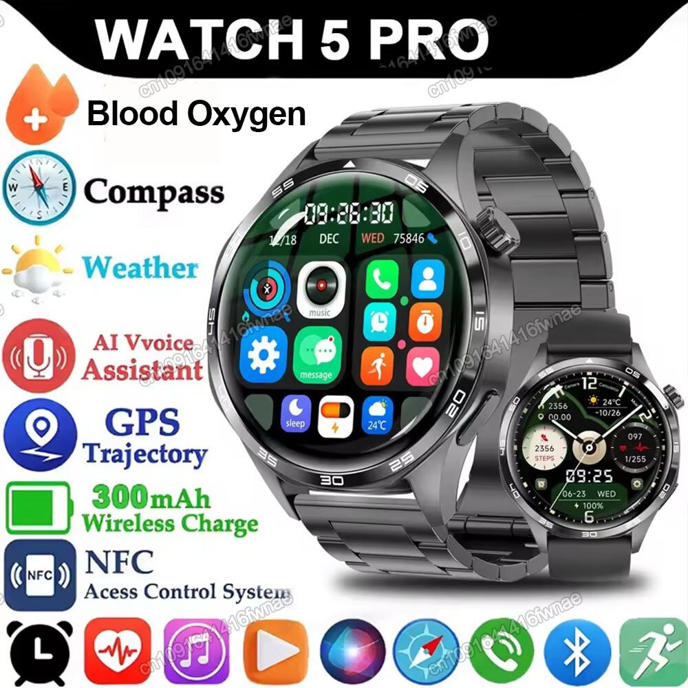 watch 5 pro gps nfc smart watch men 360*360 amoled screen heart rate monitor bluetooth calls ip68 waterproof man smartwatch 2025 watch 5 pro gps nfc smart watch men 360*360 amoled screen heart rate monitor bluetooth calls ip68 waterproof man smartwatch 2025
