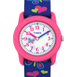 TIMEX TIME MACHINES® 29mm Butterflies and Hearts Blue Elastic Fabric Kids Watch