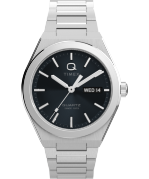 Q Timex® Continental Day and Date 39mm Stainless Steel Bracelet Watch