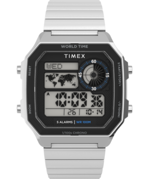 World Time Digital 40mm Stainless Steel Bracelet Watch