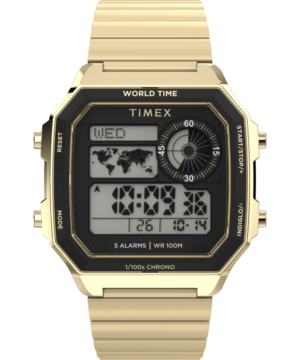World Time Digital 40mm Stainless Steel Bracelet Watch