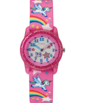 TIMEX TIME MACHINES® 29mm Rainbow Unicorn Pink Elastic Fabric Kids Watch
